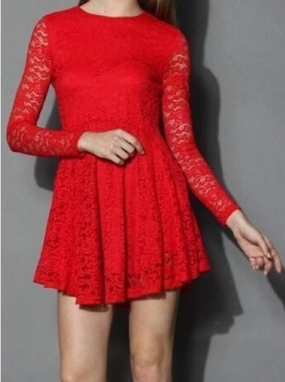 H&M| Red Lace Fit & Flare Long Sleeved Swing Circle Skirt Mini Dress Sz 12